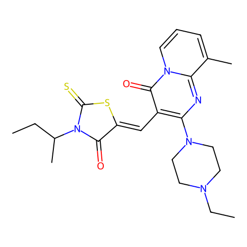 3-[(Z)-(3-sec-butyl-4-oxo-2-thioxo-1,3-thiazolidin-5-ylidene)methyl]-2-(4-ethyl-1-piperazinyl)-9-methyl-4H-pyrido[1,2-a]pyrimidin-4-one structure