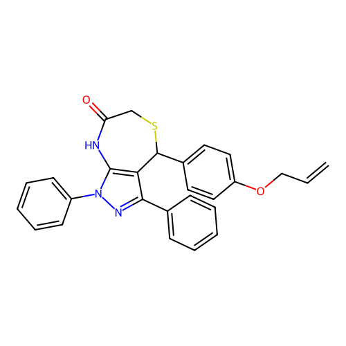 1,3-diphenyl-4-(4-prop-2-enoxyphenyl)-2,4-dihydropyrazolo[3,4-e][1,4]thiazepin-7-one structure