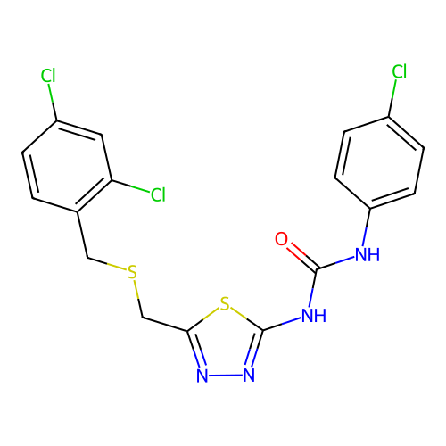 1-(4-chlorophenyl)-3-[5-[(2,4-dichlorophenyl)methylsulfanylmethyl]-1,3,4-thiadiazol-2-yl]urea structure