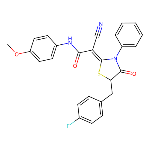 (Z)-2-cyano-2-(5-(4-fluorobenzyl)-4-oxo-3-phenylthiazolidin-2-ylidene)-N-(4-methoxyphenyl)acetamide structure