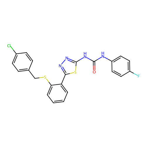 1-[5-[2-[(4-chlorophenyl)methylsulfanyl]phenyl]-1,3,4-thiadiazol-2-yl]-3-(4-fluorophenyl)urea structure