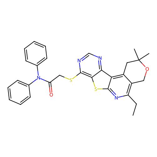 2-((5-ethyl-2,2-dimethyl-2,4-dihydro-1H-pyrano[4'',3'':4',5']pyrido[3',2':4,5]thieno[3,2-d]pyrimidin-8-yl)thio)-N,N-diphenylacetamide structure