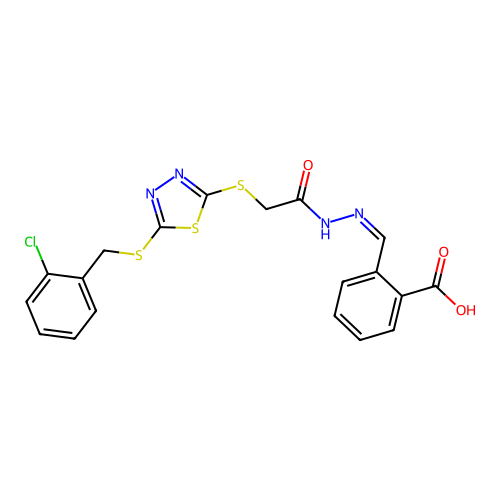 2-[(E)-[[2-[[5-[(2-chlorophenyl)methylsulfanyl]-1,3,4-thiadiazol-2-yl]sulfanyl]acetyl]hydrazinylidene]methyl]benzoic acid structure