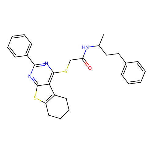 2-((2-phenyl-5,6,7,8-tetrahydrobenzo[4,5]thieno[2,3-d]pyrimidin-4-yl)thio)-N-(4-phenylbutan-2-yl)acetamide structure