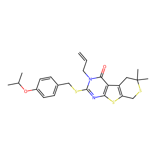 3-allyl-2-((4-isopropoxybenzyl)thio)-6,6-dimethyl-5,6-dihydro-3H-thiopyrano[4',3':4,5]thieno[2,3-d]pyrimidin-4(8H)-one structure