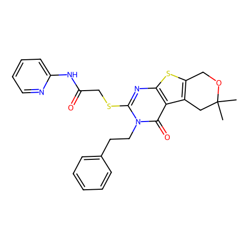 2-((6,6-dimethyl-4-oxo-3-phenethyl-4,5,6,8-tetrahydro-3H-pyrano[4',3':4,5]thieno[2,3-d]pyrimidin-2-yl)thio)-N-(pyridin-2-yl)acetamide structure