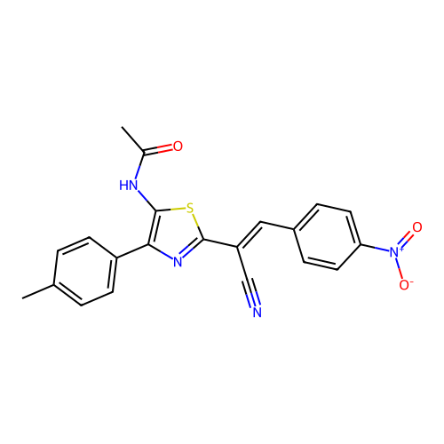 (E)-N-(2-(1-cyano-2-(4-nitrophenyl)vinyl)-4-(p-tolyl)thiazol-5-yl)acetamide structure