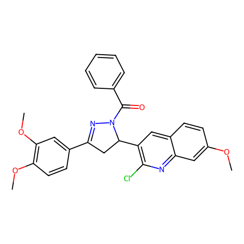 (5-(2-chloro-7-methoxyquinolin-3-yl)-3-(3,4-dimethoxyphenyl)-4,5-dihydro-1H-pyrazol-1-yl)(phenyl)methanone structure