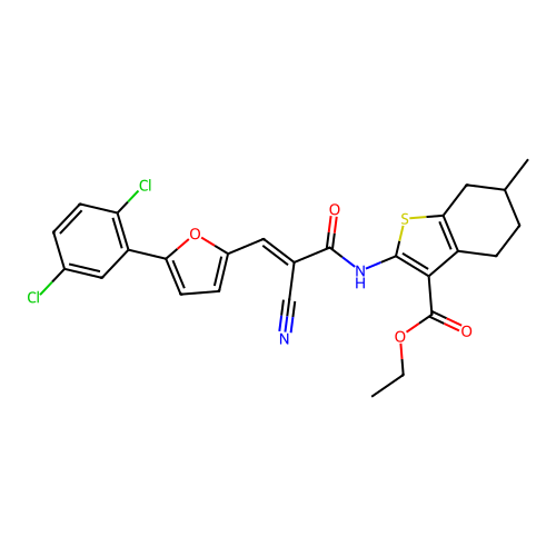 (E)-ethyl 2-(2-cyano-3-(5-(2,5-dichlorophenyl)furan-2-yl)acrylamido)-6-methyl-4,5,6,7-tetrahydrobenzo[b]thiophene-3-carboxylate structure