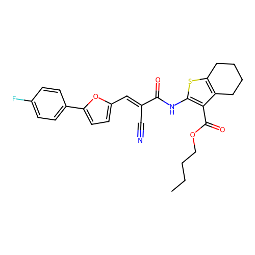 (E)-butyl 2-(2-cyano-3-(5-(4-fluorophenyl)furan-2-yl)acrylamido)-4,5,6,7-tetrahydrobenzo[b]thiophene-3-carboxylate structure