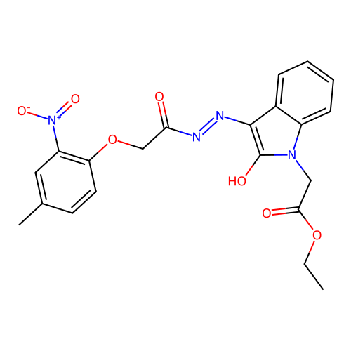(E)-ethyl 2-(3-(2-(2-(4-methyl-2-nitrophenoxy)acetyl)hydrazono)-2-oxoindolin-1-yl)acetate structure