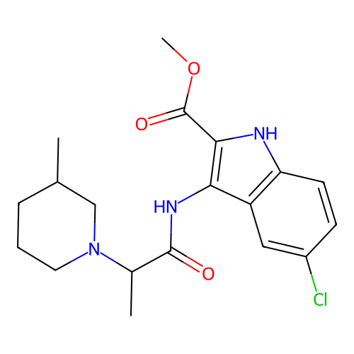 methyl 5-chloro-3-(2-(3-methylpiperidin-1-yl)propanamido)-1H-indole-2-carboxylate structure