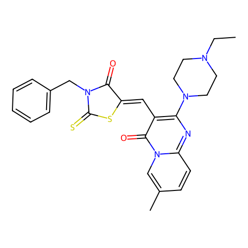 3-[(Z)-(3-benzyl-4-oxo-2-thioxo-1,3-thiazolidin-5-ylidene)methyl]-2-(4-ethylpiperazin-1-yl)-7-methyl-4H-pyrido[1,2-a]pyrimidin-4-one structure