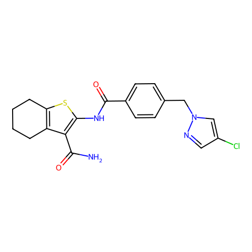 2-({4-[(4-chloro-1H-pyrazol-1-yl)methyl]benzoyl}amino)-4,5,6,7-tetrahydro-1-benzothiophene-3-carboxamide structure