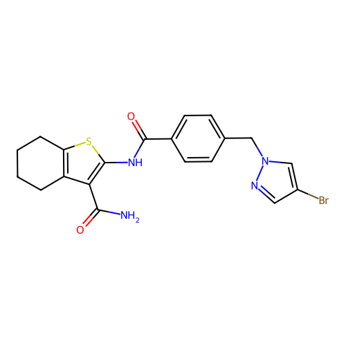 2-({4-[(4-bromo-1H-pyrazol-1-yl)methyl]benzoyl}amino)-4,5,6,7-tetrahydro-1-benzothiophene-3-carboxamide structure