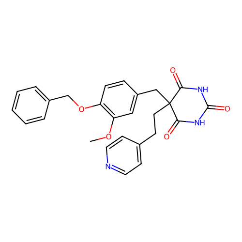 5-(4-(benzyloxy)-3-methoxybenzyl)-5-(2-(pyridin-4-yl)ethyl)pyrimidine-2,4,6(1H,3H,5H)-trione structure