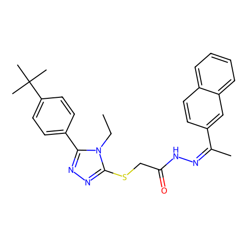 (Z)-2-((5-(4-(tert-butyl)phenyl)-4-ethyl-4H-1,2,4-triazol-3-yl)thio)-N'-(1-(naphthalen-2-yl)ethylidene)acetohydrazide structure