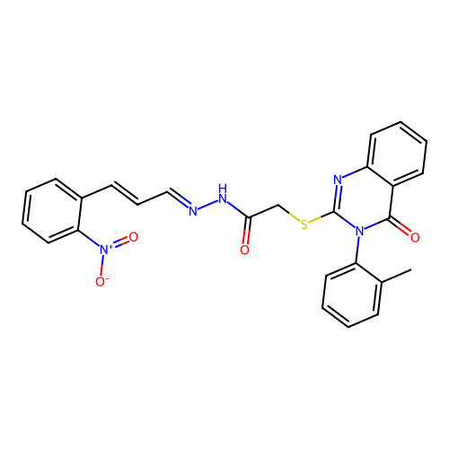 (4-Oxo-3-o-tolyl-3,4-dihydro-quinazolin-2-ylsulfanyl)-acetic acid [(E)-3-(2-nitro-phenyl)-prop-2-en-(E)-ylidene]-hydrazide structure