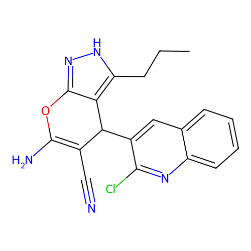 6-amino-4-(2-chloroquinolin-3-yl)-3-propyl-2,4-dihydropyrano[2,3-c]pyrazole-5-carbonitrile structure