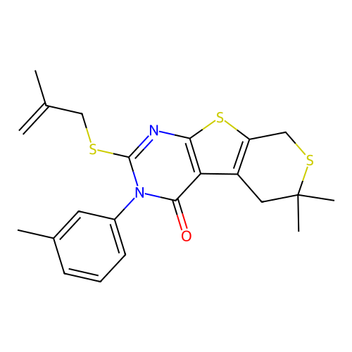 6,6-dimethyl-2-((2-methylallyl)thio)-3-(m-tolyl)-5,6-dihydro-3H-thiopyrano[4',3':4,5]thieno[2,3-d]pyrimidin-4(8H)-one structure