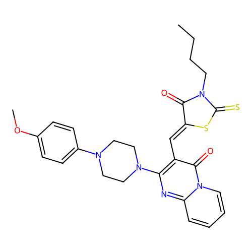 3-[(Z)-(3-butyl-4-oxo-2-thioxo-1,3-thiazolidin-5-ylidene)methyl]-2-[4-(4-methoxyphenyl)piperazin-1-yl]-4H-pyrido[1,2-a]pyrimidin-4-one structure