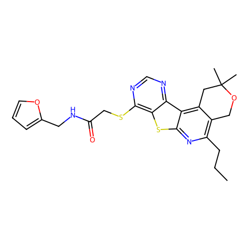 2-((2,2-dimethyl-5-propyl-2,4-dihydro-1H-pyrano[4'',3'':4',5']pyrido[3',2':4,5]thieno[3,2-d]pyrimidin-8-yl)thio)-N-(furan-2-ylmethyl)acetamide structure
