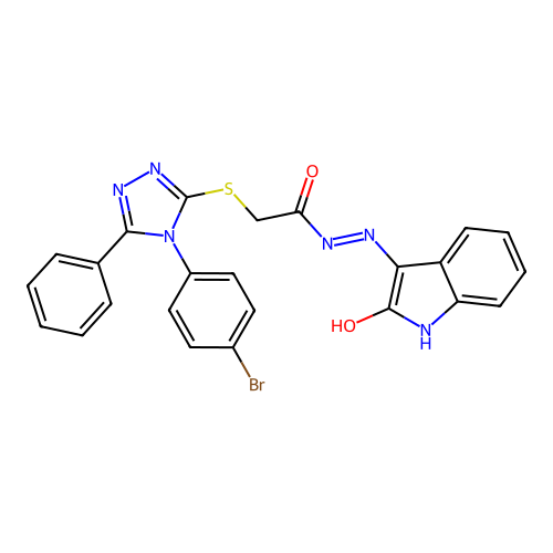 2-[[4-(4-bromophenyl)-5-phenyl-1,2,4-triazol-3-yl]sulfanyl]-N'-(2-oxoindol-3-yl)acetohydrazide structure