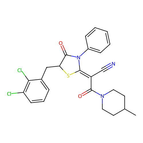 (Z)-2-(5-(2,3-dichlorobenzyl)-4-oxo-3-phenylthiazolidin-2-ylidene)-3-(4-methylpiperidin-1-yl)-3-oxopropanenitrile structure