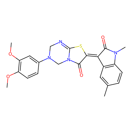 (7Z)-3-(3,4-dimethoxyphenyl)-7-(1,5-dimethyl-2-oxo-1,2-dihydro-3H-indol-3-ylidene)-3,4-dihydro-2H-[1,3]thiazolo[3,2-a][1,3,5]triazin-6(7H)-one structure