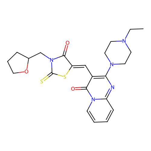 2-(4-ethylpiperazin-1-yl)-3-{(Z)-[4-oxo-3-(tetrahydrofuran-2-ylmethyl)-2-thioxo-1,3-thiazolidin-5-ylidene]methyl}-4H-pyrido[1,2-a]pyrimidin-4-one structure