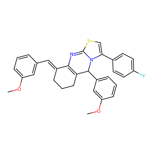 (9E)-3-(4-fluorophenyl)-5-(3-methoxyphenyl)-9-[(3-methoxyphenyl)methylidene]-5,6,7,8-tetrahydro-[1,3]thiazolo[2,3-b]quinazoline structure