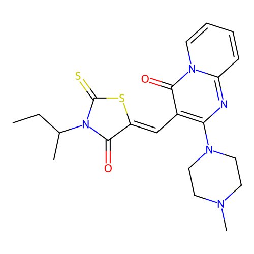 3-[(Z)-(3-sec-butyl-4-oxo-2-thioxo-1,3-thiazolidin-5-ylidene)methyl]-2-(4-methyl-1-piperazinyl)-4H-pyrido[1,2-a]pyrimidin-4-one structure