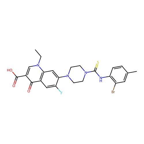 7-{4-[(2-bromo-4-methylphenyl)carbamothioyl]piperazin-1-yl}-1-ethyl-6-fluoro-4-oxo-1,4-dihydroquinoline-3-carboxylic acid structure