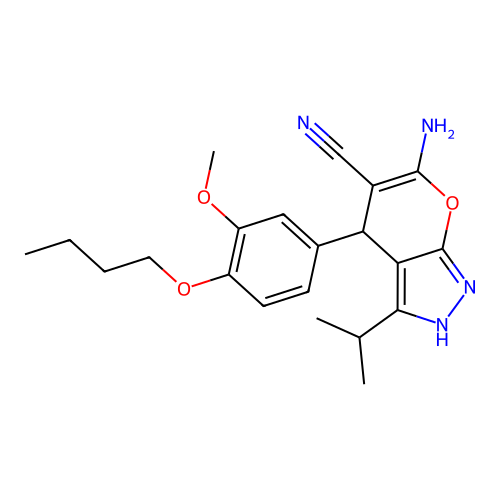 6-amino-4-(4-butoxy-3-methoxyphenyl)-3-(propan-2-yl)-2,4-dihydropyrano[2,3-c]pyrazole-5-carbonitrile structure