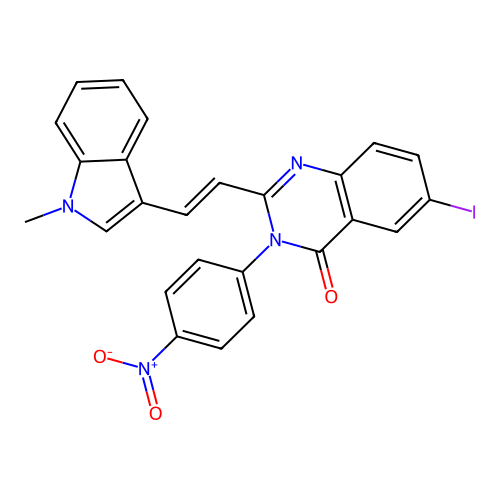 (E)-6-iodo-2-(2-(1-methyl-1H-indol-3-yl)vinyl)-3-(4-nitrophenyl)quinazolin-4(3H)-one structure
