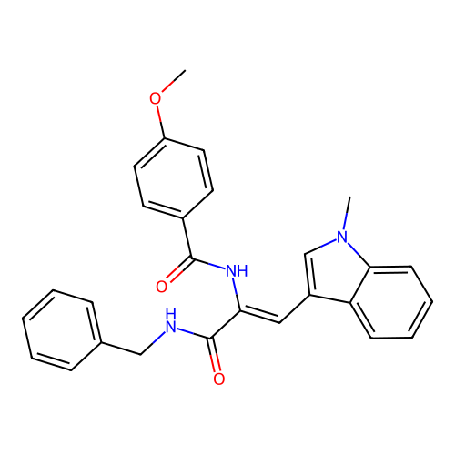 N-[1-(benzylcarbamoyl)-2-(1-methylindol-3-yl)ethenyl]-4-methoxy-benzamide structure