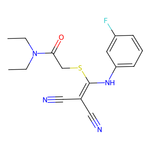 2-({2,2-dicyano-1-[(3-fluorophenyl)amino]ethenyl}sulfanyl)-N,N-diethylacetamide structure