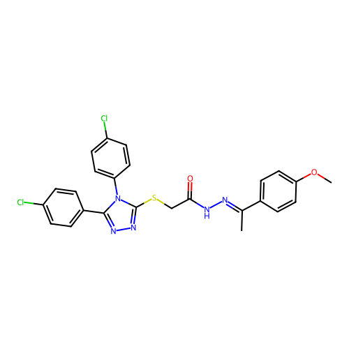 (E)-2-((4,5-bis(4-chlorophenyl)-4H-1,2,4-triazol-3-yl)thio)-N'-(1-(4-methoxyphenyl)ethylidene)acetohydrazide structure