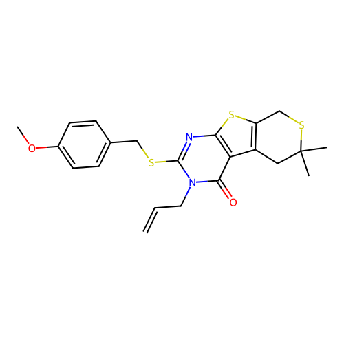2-[(4-methoxybenzyl)sulfanyl]-6,6-dimethyl-3-(prop-2-en-1-yl)-3,5,6,8-tetrahydro-4H-thiopyrano[4',3':4,5]thieno[2,3-d]pyrimidin-4-one structure