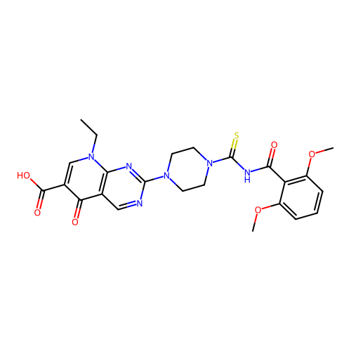 2-(4-((2,6-dimethoxybenzoyl)carbamothioyl)piperazin-1-yl)-8-ethyl-5-oxo-5,8-dihydropyrido[2,3-d]pyrimidine-6-carboxylic acid structure