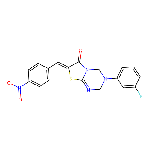 (Z)-3-(3-fluorophenyl)-7-(4-nitrobenzylidene)-3,4-dihydro-2H-thiazolo[3,2-a][1,3,5]triazin-6(7H)-one structure