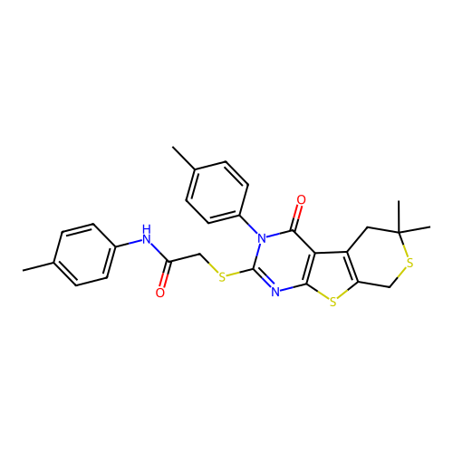 2-((6,6-dimethyl-4-oxo-3-(p-tolyl)-4,5,6,8-tetrahydro-3H-thiopyrano[4',3':4,5]thieno[2,3-d]pyrimidin-2-yl)thio)-N-(p-tolyl)acetamide structure