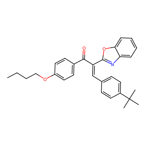 (2E)-2-(1,3-benzoxazol-2-yl)-1-(4-butoxyphenyl)-3-(4-tert-butylphenyl)prop-2-en-1-one structure