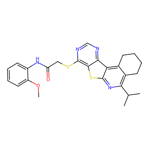 2-((5-isopropyl-1,2,3,4-tetrahydropyrimido[4',5':4,5]thieno[2,3-c]isoquinolin-8-yl)thio)-N-(2-methoxyphenyl)acetamide structure