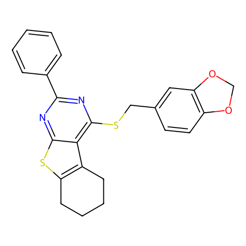 4-((benzo[d][1,3]dioxol-5-ylmethyl)thio)-2-phenyl-5,6,7,8-tetrahydrobenzo[4,5]thieno[2,3-d]pyrimidine structure