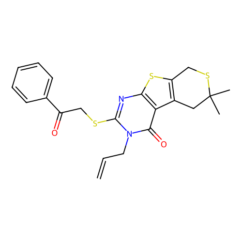 3-allyl-6,6-dimethyl-2-((2-oxo-2-phenylethyl)thio)-5,6-dihydro-3H-thiopyrano[4',3':4,5]thieno[2,3-d]pyrimidin-4(8H)-one structure