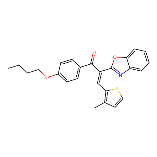 (2E)-2-(1,3-benzoxazol-2-yl)-1-(4-butoxyphenyl)-3-(3-methylthiophen-2-yl)prop-2-en-1-one structure