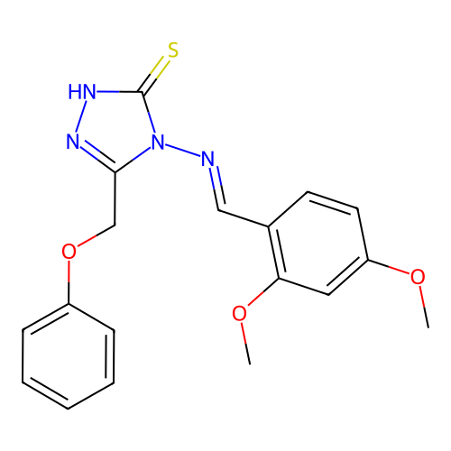 (E)-4-((2,4-dimethoxybenzylidene)amino)-5-(phenoxymethyl)-4H-1,2,4-triazole-3-thiol structure