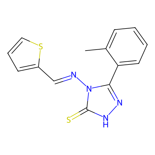 3-(2-methylphenyl)-4-[(E)-thiophen-2-ylmethylideneamino]-1H-1,2,4-triazole-5-thione structure
