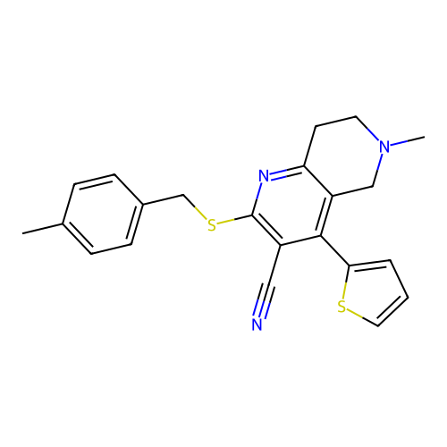 6-methyl-2-((4-methylbenzyl)thio)-4-(thiophen-2-yl)-5,6,7,8-tetrahydro-1,6-naphthyridine-3-carbonitrile structure